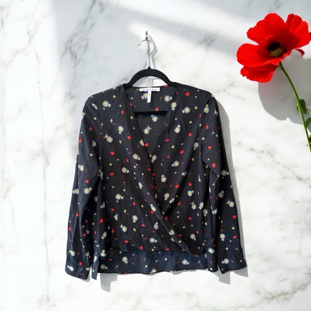 BCBGeneration Black Draped Crossover Front Top White/Yellow/Red Floral Print